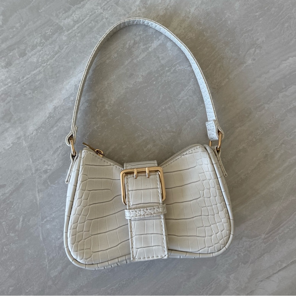 Princess Polly White Croc-Embossed Shoulder Bag with Gold Buckle